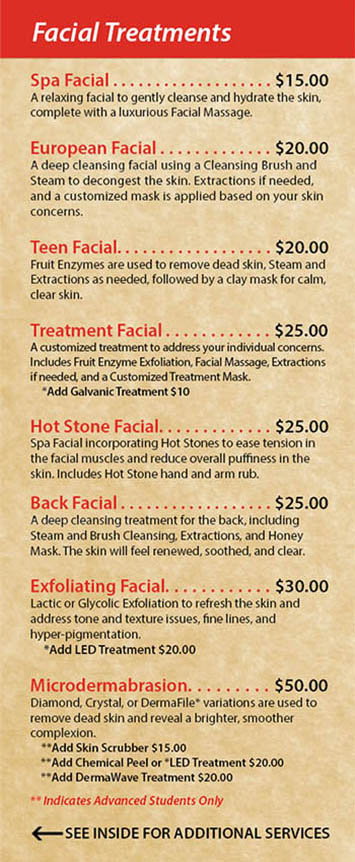 facial services menu